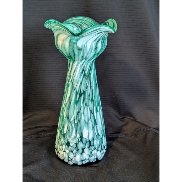Vtg Hand Blown Aqua & White Marble Spatter Confetti Swirl Glass Ruffled Vase - Picture 2 of 6